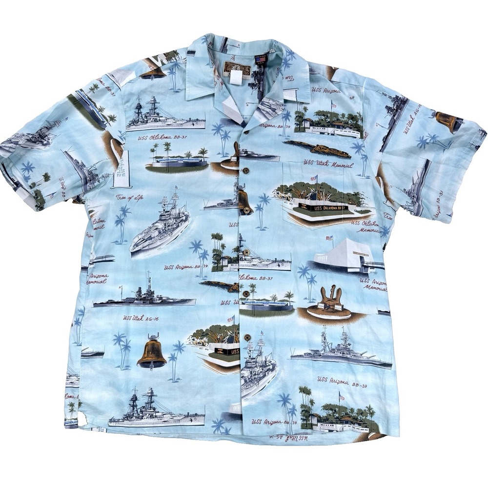 VTG Kalaheo Hawaiian Shirt Pearl Harbor USS Ships Memorial Blue Sz XL Hawaii